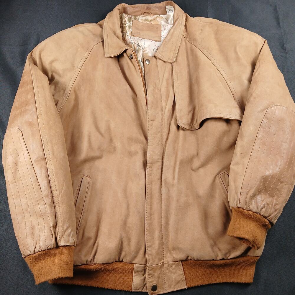 Marlboro Country Store Leather Bomber Jacket Large Tan Map Lining Raglan